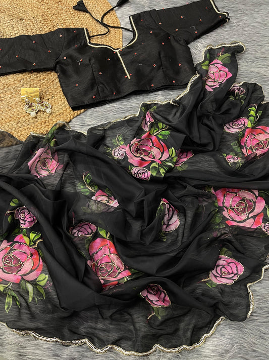 Organza Silk Saree with Floral Prints SR 1-0801 - D2i World